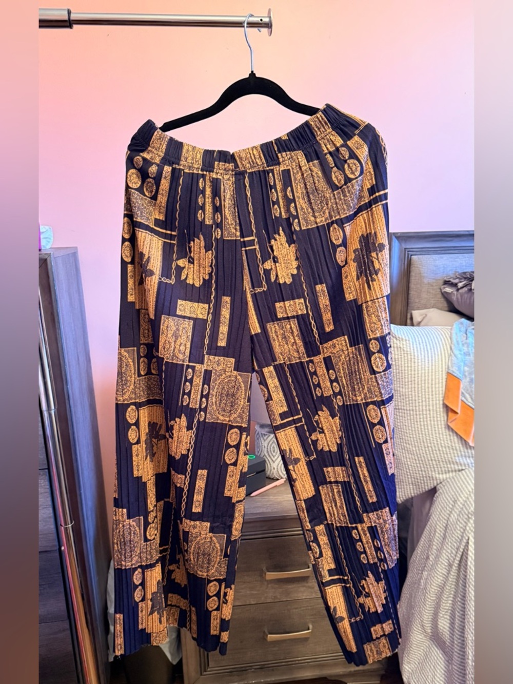 Wide-Leg Navy Pants with Gold Print - Picture 2 of 5